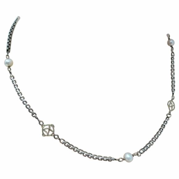 AUTH David Yurman Sterling Silver 14k DY and Pearl Station Cable Necklace - Picture 2 of 10